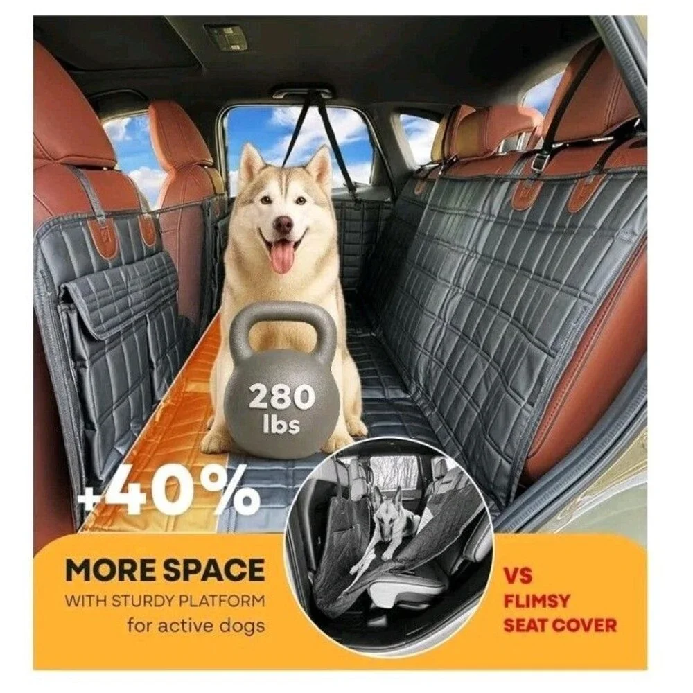 Dog Car Seat Cover for Back Seat Hard Bottom Black Leather - With Door Covers